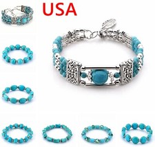 Fashion Handmade Blue Beaded Bracelet Artificial Turquoise Crystal Stretch Gift