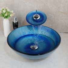 US 17" Bathroom Vessel Sink Blue Tempered Glass Basin Mixer Chrome Waterfall Tap