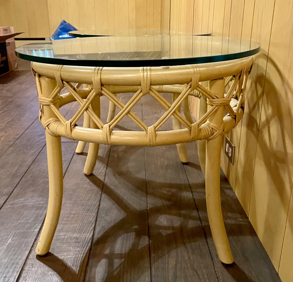 Vintage Ficks Reed Bamboo And Rattan Glass Top Side Tables—A Pair - Image 2 of 4