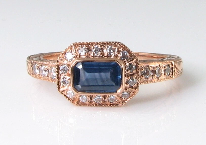 Anillo Halo De Zafiro Rectangular 9K Oro Rosa Y Diamante Cluster Talla Libre