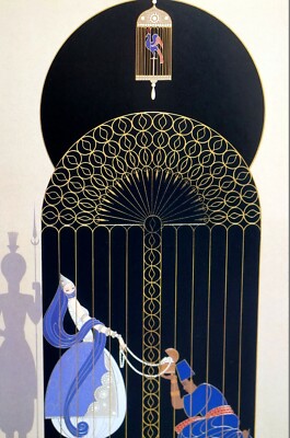 Erte Matted Print 1991 BIRD in GILDED CAGE Persian Princess Art