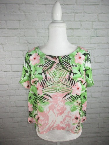 Rose & Olive women's size Small Pink and Green Tropical Floral High Low Top GH2 - Picture 3 of 9