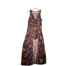 Purple Maxi Dress with Shorts Women L Floral Elastic Waist Festival Peasant Boho