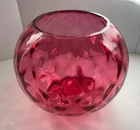 vtg. signed Fenton Cranberry Glass Diamond Optic sphere globe vase candle holder