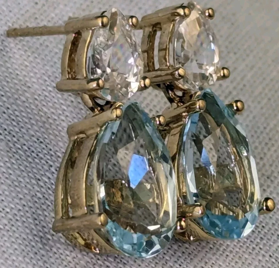 Pendientes vintage de plata de ley enchapados en oro lágrima piedras preciosas azules y transparentes Foto 2 de 4