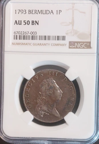 1793 BERMUDA Penny NGC AU50 Full Grade, NO NOTES George III British Colonial Era