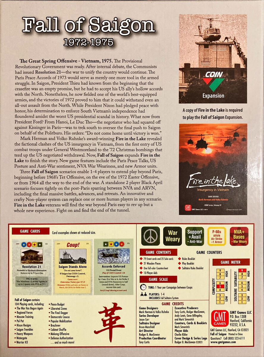GMT Games: Fire in the Lake: Fall of Saigon Expansion NISW GMT Games: Fire in the Lake: Fall of Saigon Expansion NISW