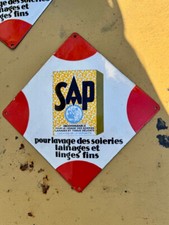 Ancienne plaque émaillée publicitaire Savon lessive SAP lave linge soie