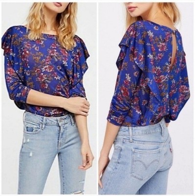 FREE PEOPLE Dock Street Blouse Sz XS Royal Blue Floral Print 3/4 Sleeve Ruffle