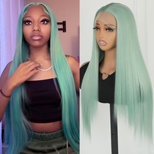 Long Light Green Color Straight Hair Colorful Synthetic Lace Front Wigs Glueless