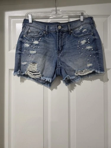 New York & Company Women's Denim Shorts Embellished Distressed Size 8