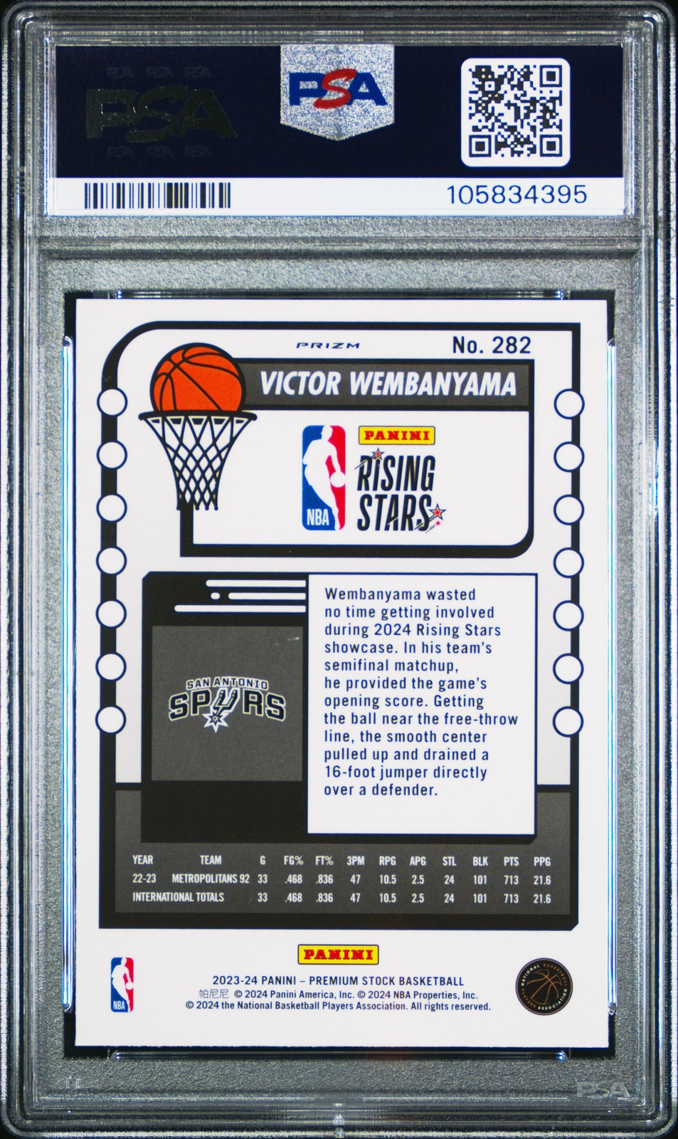 2023 PANINI HOOPS PREMIUM STOCK PREMIUM #282 VICTOR WEMBANYAMA PSA 8 view 2