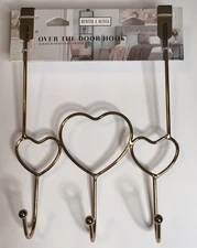 Hunter& Olivia GOLD METAL HEART 3 HOOKS OVER THE DOOR COAT-TOWEL RACK NWT