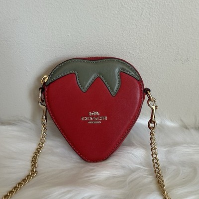 Coach Strawberry Coin Purse Crossbody Bag Red Leather Gold Chain
