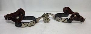 Vintage Western Spurs Black Steel Engraved Overlay 12 Point Rowel Leather Straps