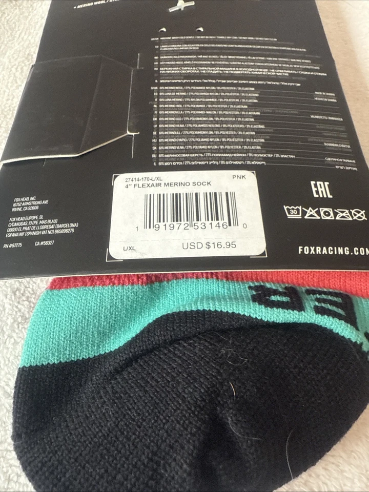 Nuevo Fox Racing 4" Flexair Merino Calcetín Mujer Calcetines L/XL Rosa Teal Negro Niñas Foto 4 de 4
