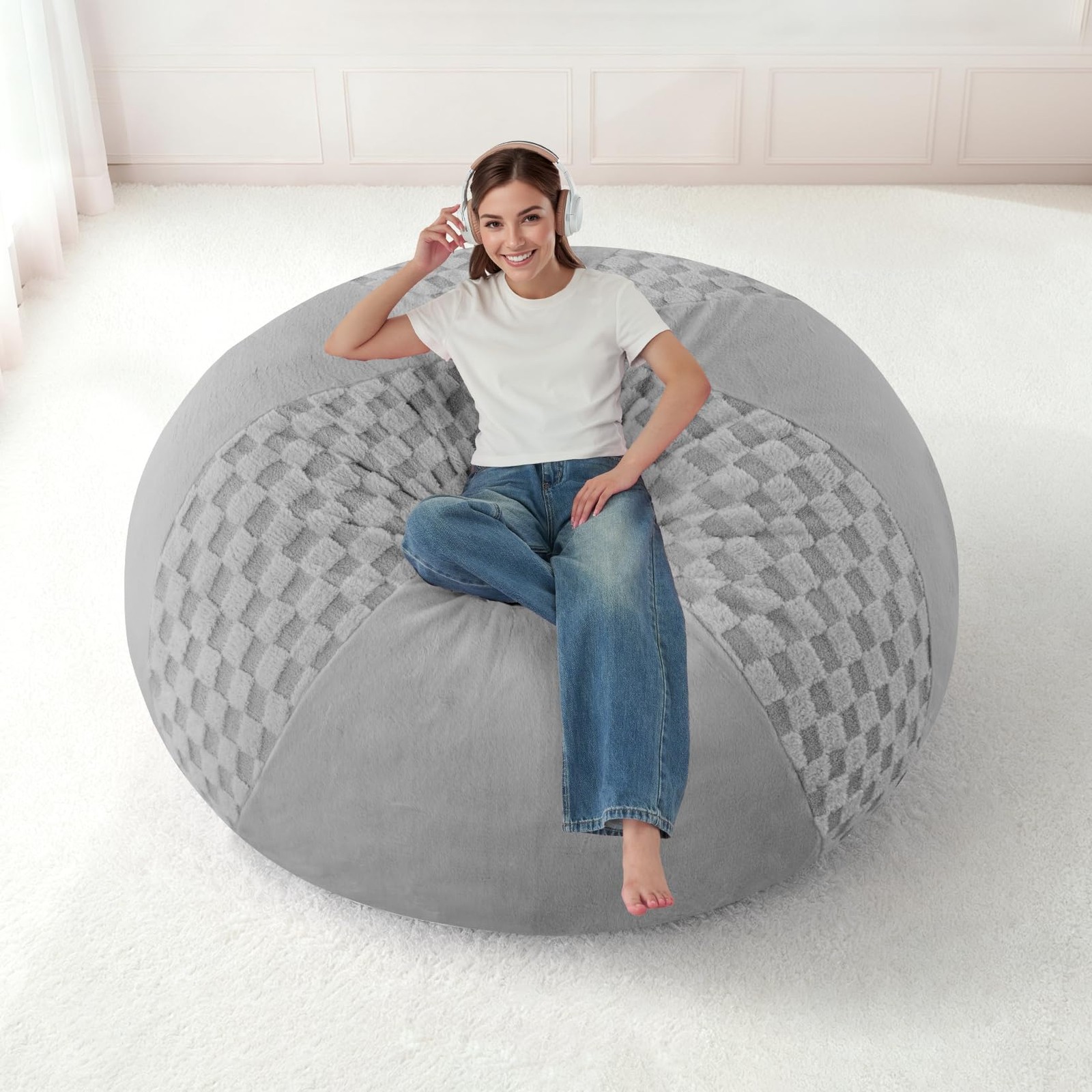 3FT Bean Bag Chair Teardrop Beanbag Chair with Memory Foam Filled Soft Checkb...