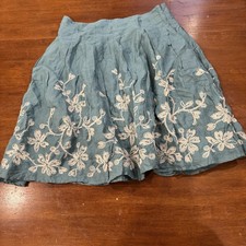 Talbots Floral Embroidered Skirt 100 Linen Teal Lined Cottagecore Sz 10 FLAW