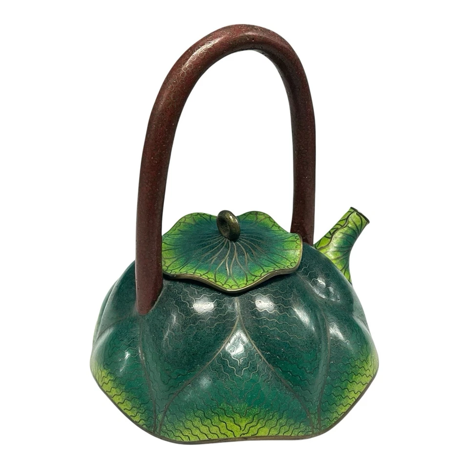Antique Chinese Qing Dynasty Bronze Cloisonne Lotus Teapot RARE - Image 3 of 4