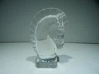 SIGNED STEUBEN GLASS HORSE HEAD PAPERWEIGHT FIGURINE - ART DECO W/ CLOTH BAG