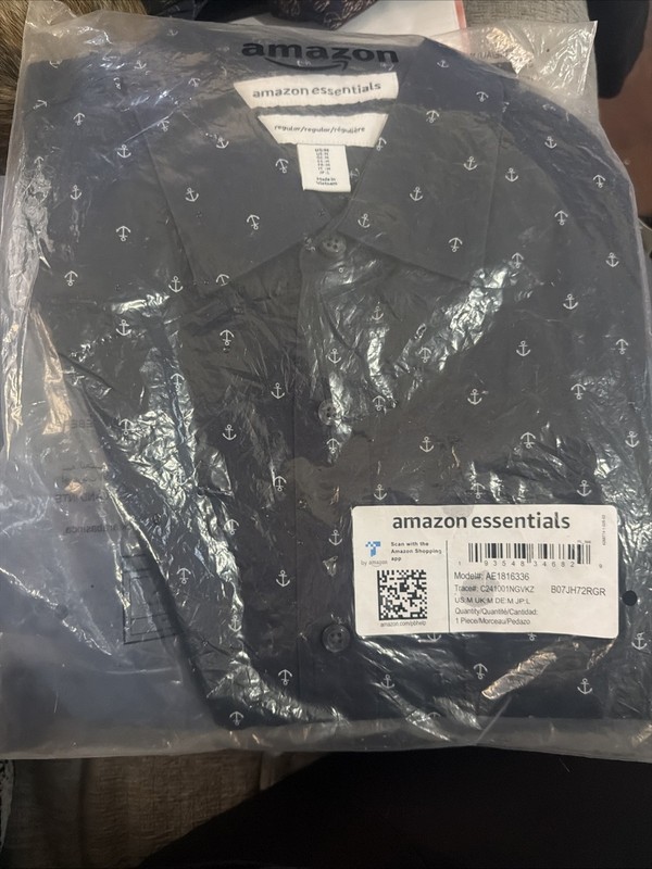Amazon Essentials Shirt Men's Med Regular Blue Embriodered Anchors Nautical