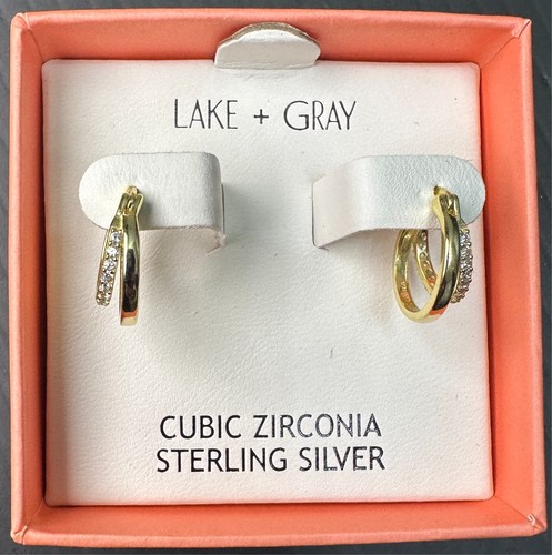 Lake + Gray Sterling Silver CZ Cubic Zirconia Hoop Earrings New - Picture 2 of 3