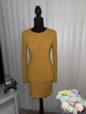 Mustard Yellow Solid Knit Short Sweater Dress with Long Sleeves, Crew Neck