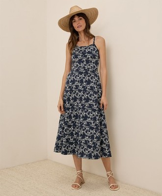 Pact Women's Fit & Flare Midi Dress X-Small Regular Bouquet Blooms Midnight Blue