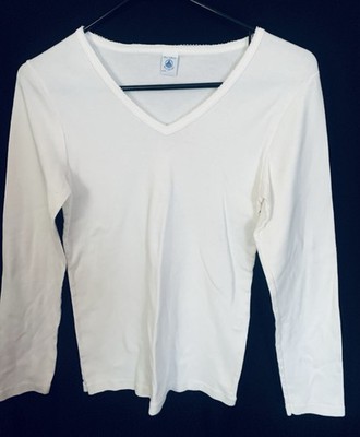 NWOT Iconic Vtg Petit Bateau White V-Neck L/S Shirt Crochet Trim 18 Ans XS