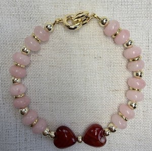 Authentic Love bracelet,healing,rose Jade gemstones,red quartz hearts,14K gold plated bead