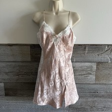 Vintage Pink Satin Jacquard Lace Chemise Nightgown Slip Dress 90s J1 