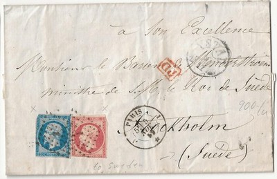 Frankreich, Brief mit nr 13 I + 16 auf Brief nach Stockholm/Schweden 1859