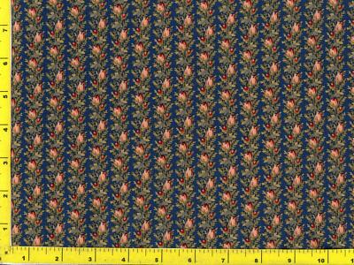 Stripes on Light Red Rose Buds Leaves Dark Blue By The Yard CFLBLU03570