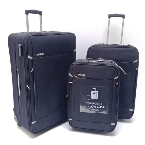 Set 3 Valigie Trolley 2 Ruote Leggere In Tessuto Nero Clacson | eBay