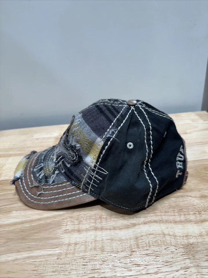 Gorra de béisbol rara de colección TRUE RELIGION angustiada Y2K a cuadros Buda sombrero de camionero Foto 2 de 4