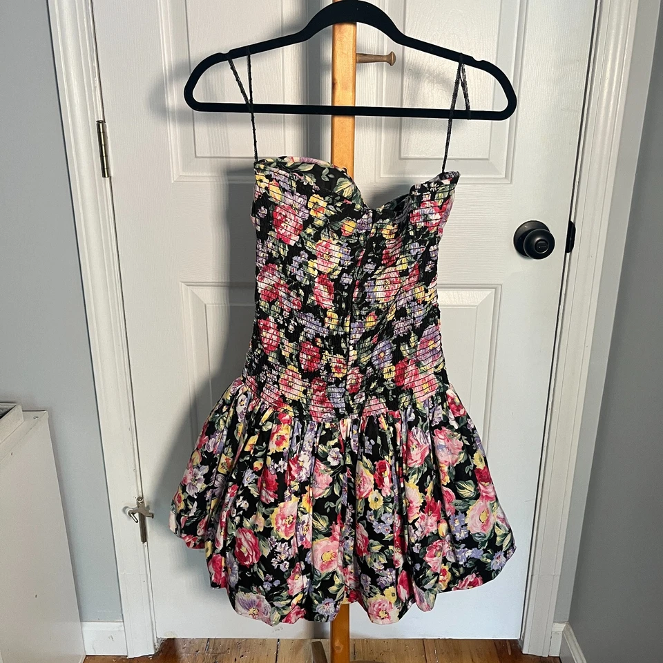 Vestido vintage años 80 sin tirantes fruncido patrón floral cremallera trasera para mujer talla M Foto 3 de 4