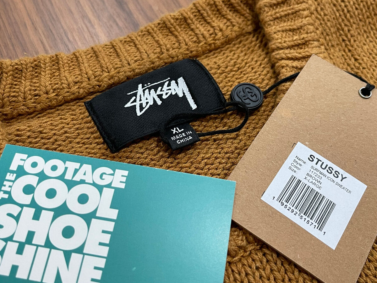 STUSSY SURFMAN ICON COTTON LINEN CREWNECK WOVEN KNIT SWEATER STUSSY SURFMAN ICON COTTON LINEN CREWNECK WOVEN KNIT SWEATER