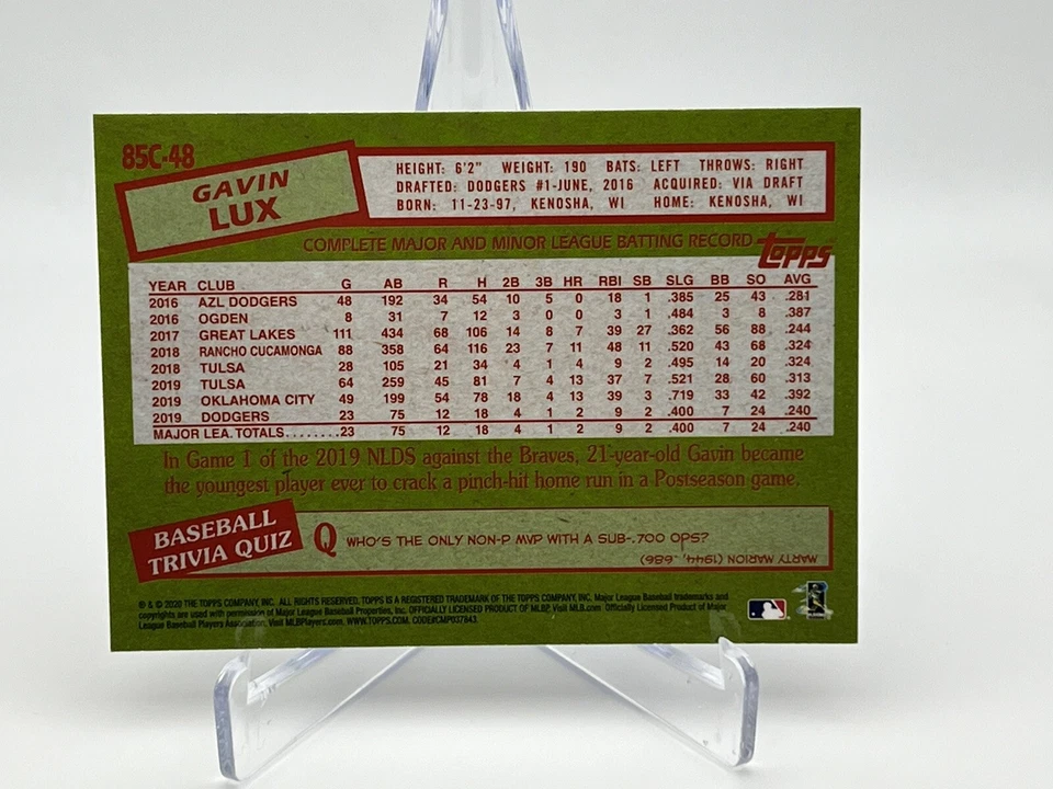 2020 Topps GAVIN LUX RC Silver Pack 1985 35th Anniversary #85C-48 Dodgers Mojo - Image 2 of 2