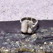 Biwa Perlen Ring, 925er Silber, Edelsteinring (23470), mit Edelopal u. Mondstein
