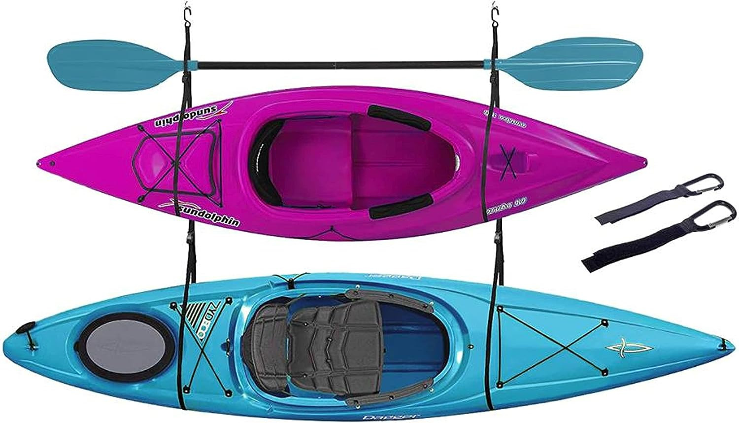 ZUJARA Double Kayak Storage Straps System Comes with 2 Carabiner Paddle Clips -
