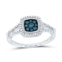 10K WeißGold Blau Diamant Damen Kissen Halo Rechts Cocktail Ring 3/8 Karat