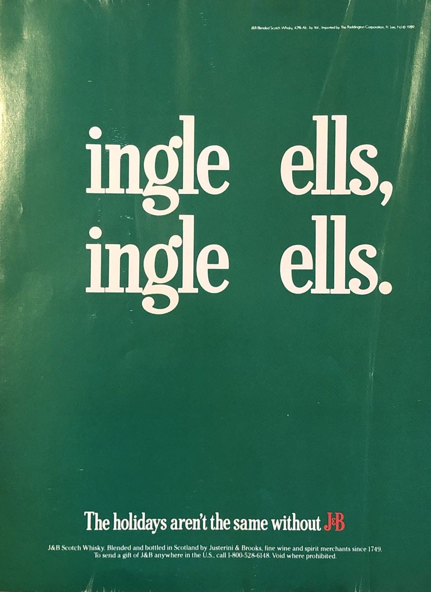 1989 J&B Scotch Whisky PRINT AD Jingle Bells Christmas VTG 80s