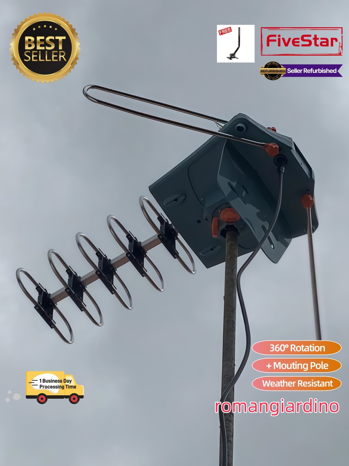 Hot Deal Outdoor TV Antenna Pole Motorized Amplified HDTV 1080P 4K 360° Rotation