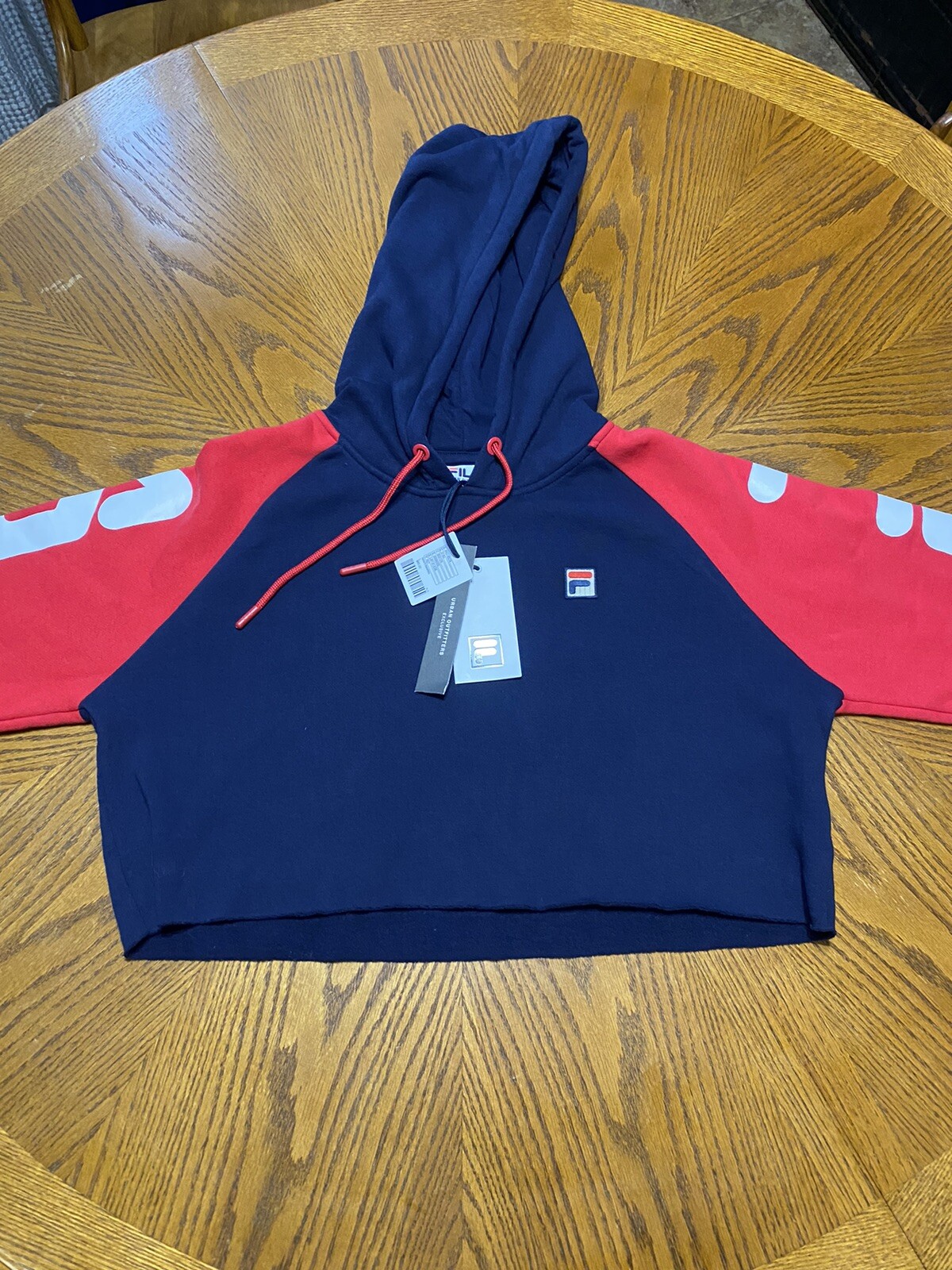 Felpa con cappuccio nuova con etichette FILA CROP BLU taglia donna L Spell Out