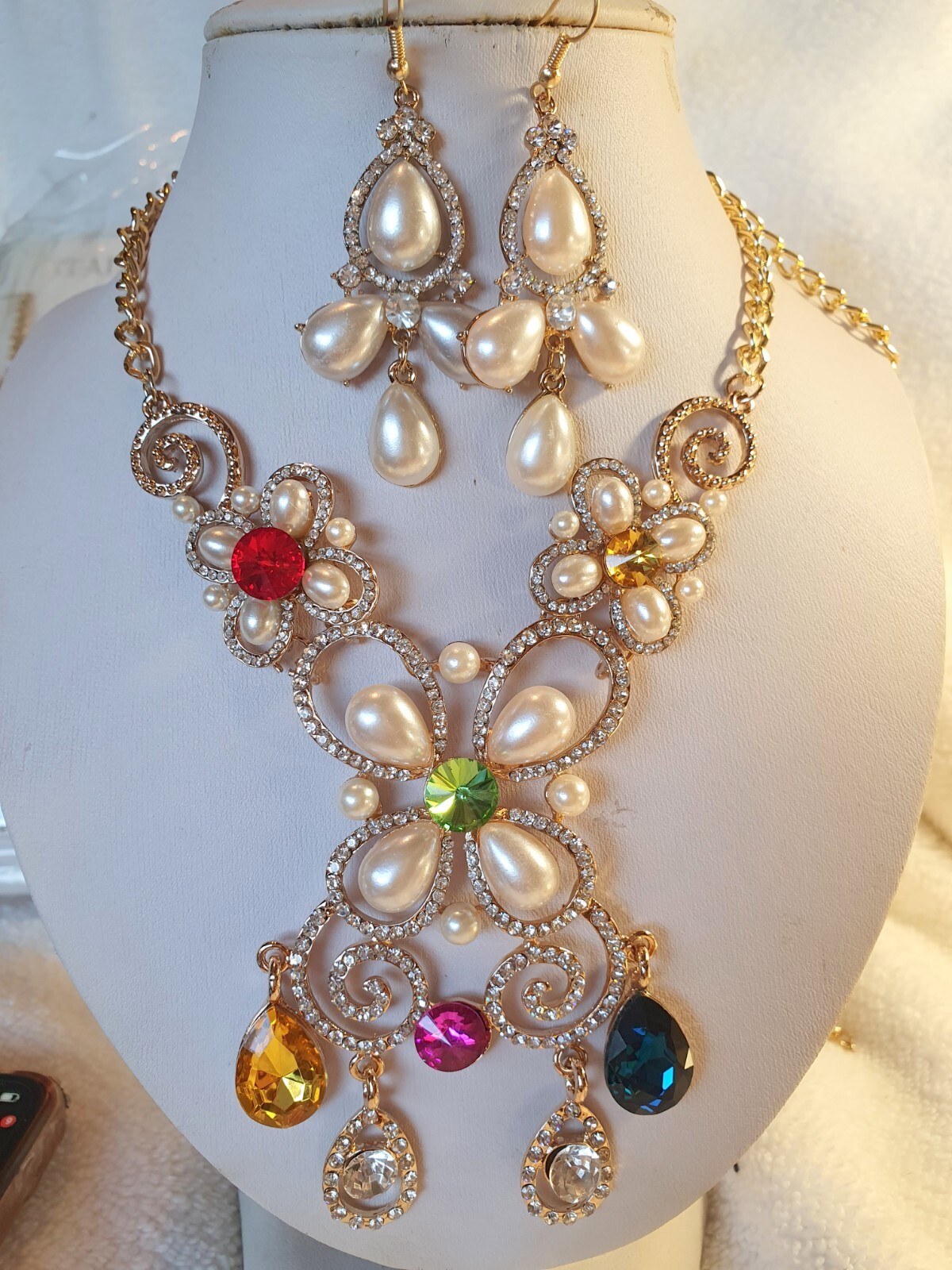 Pearl & Clear Diamante crystal Necklace & earrings set wedding prom new set b