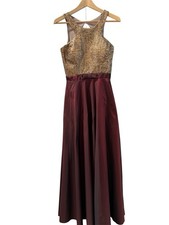 Jovian Gold Burgundy Satin Sleeveless Maxi Gown with Bow Accent, Backless