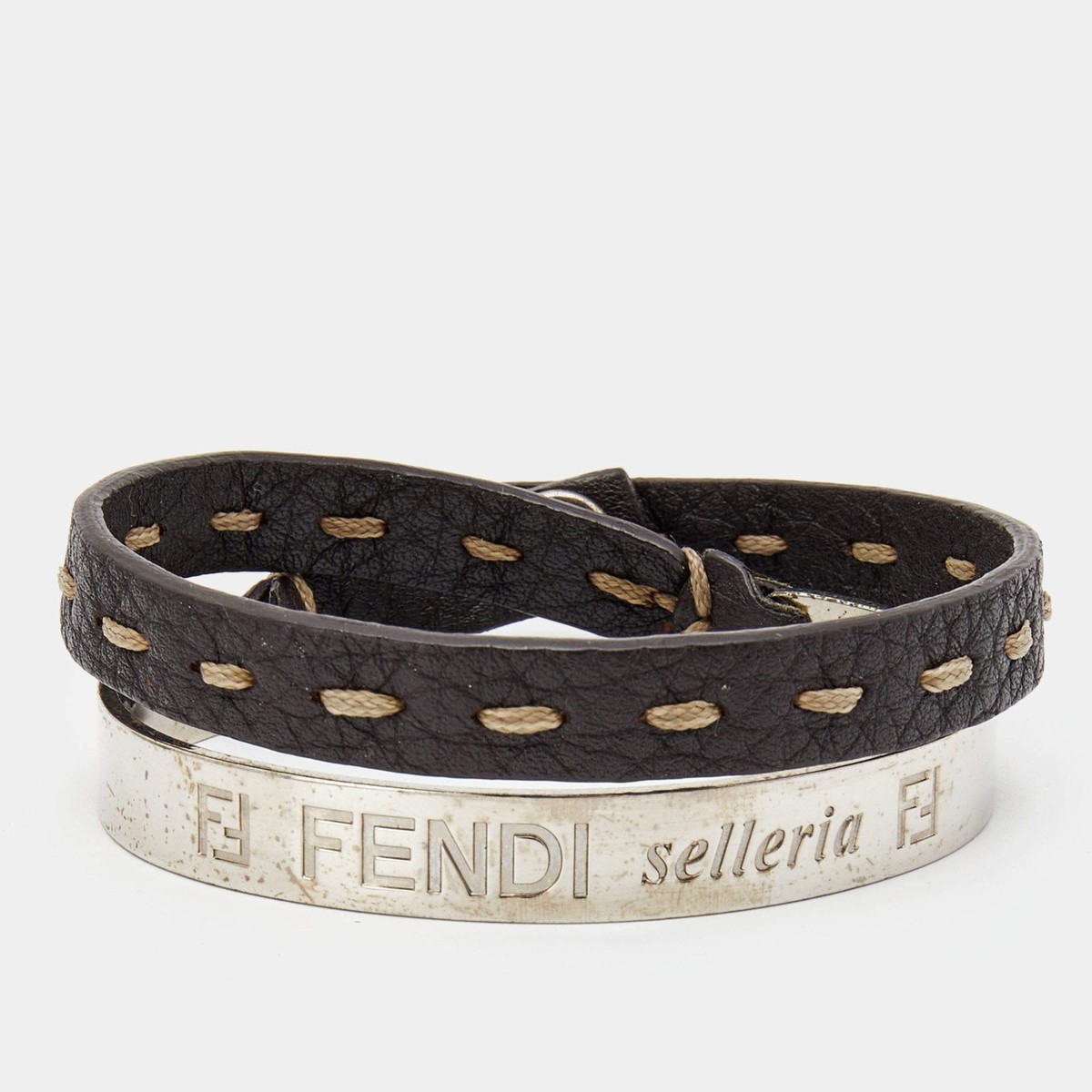 Fendi Selleria Silver Tone Cuff Metallic Leather Double Wrap