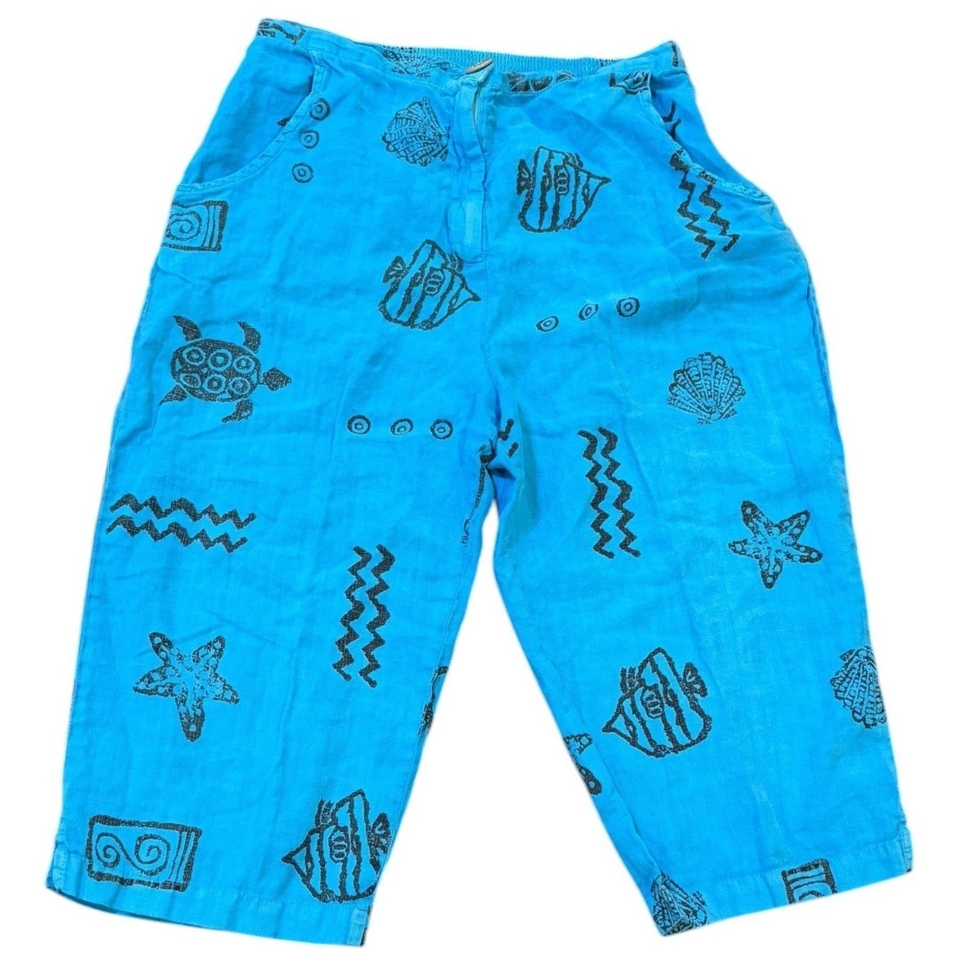 California Threads Blue Linen Sea Life Crop Shorts Coastal Beach Womens L USA