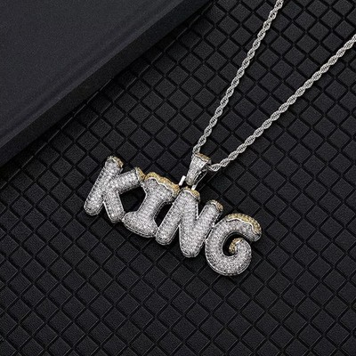Men's 3Ct Round Cut Moissanite Custom King Name Pendant 14k Yellow Gold Plated