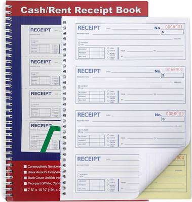 Money and Rent Receipt Book 2-Part Carbonless 7-5/8'' x 11'' Spiral Bound 200 Sets